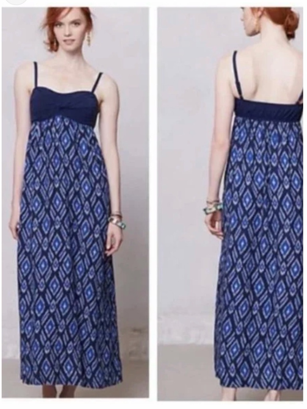 Anthropologie Ikat Navy and Royal Blue Printed Empire Maxi Dress
